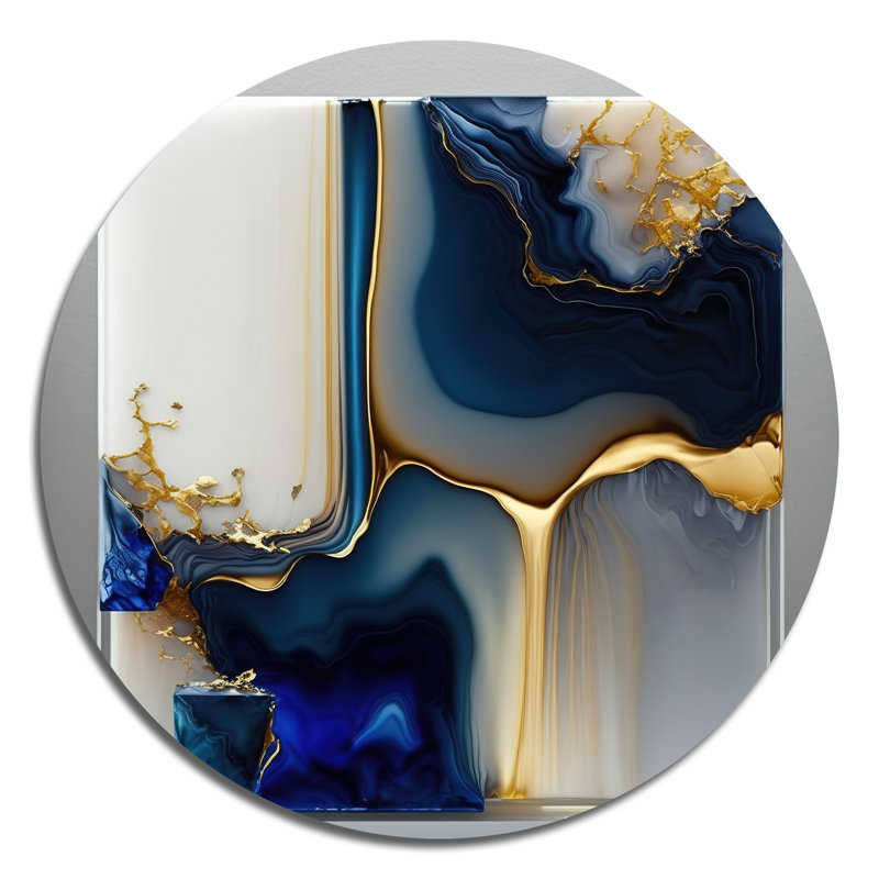 Géode abstraite, forme de marbre doré et bleu I - Art abstrait rond en métal, H 36 po x l 36 po