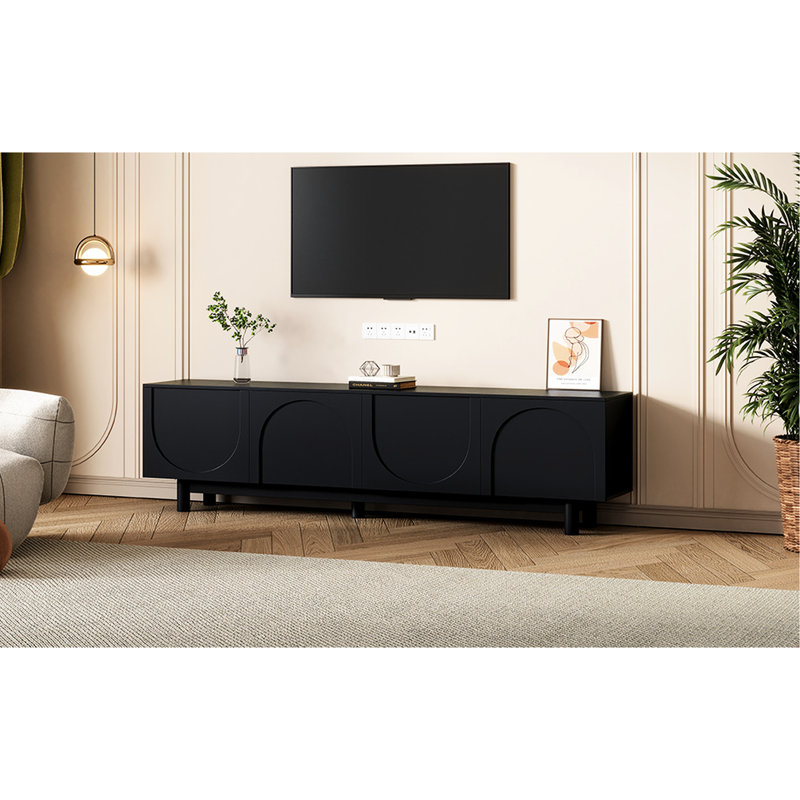 Tv Stand With Spacious Tabletop, Arch Doors And Solid Wood Legs For 78" Tvs Entertainment Center Cabinets, Finish, Black