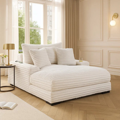 Chaise longue Terra, porte-gobelet et ports USB, tissu velours côtelé taupe