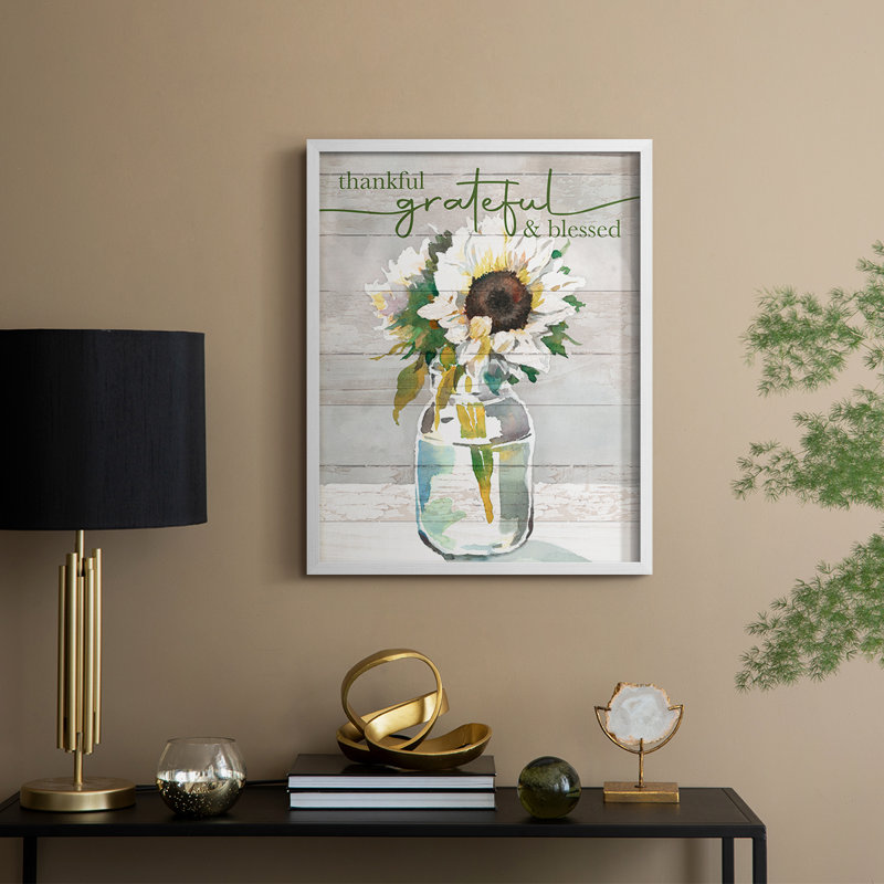 «Thankful, Grateful, Blessed», reproduction encadrée - bois massif, H 21 po x l 17 po, Blanc