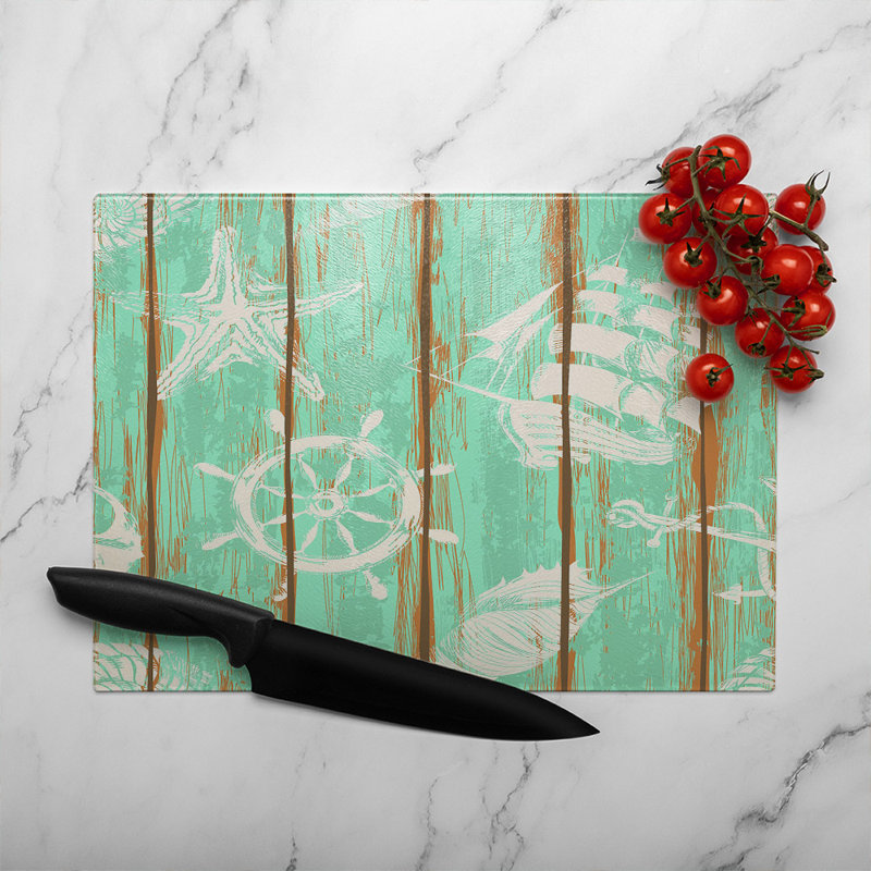 Nautical Elements On Wood Glass Chopping Board