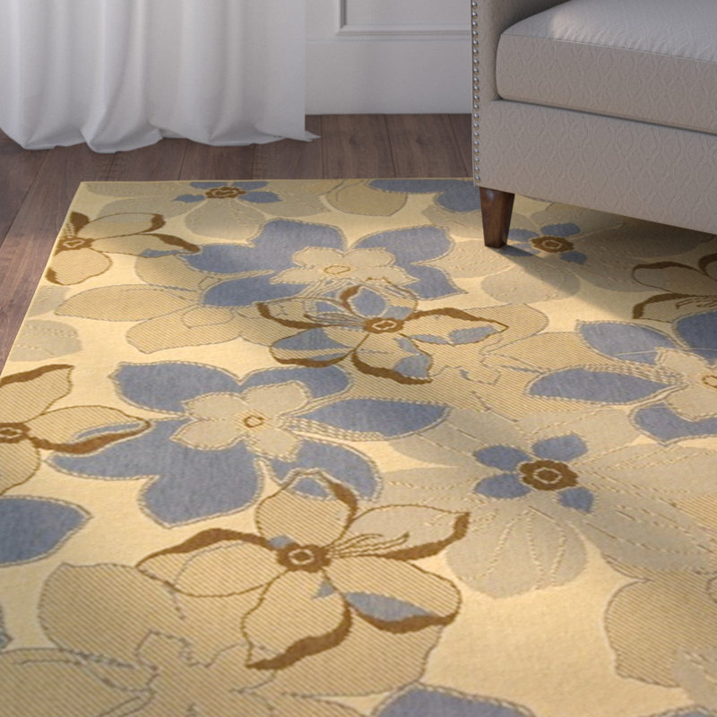 Crème florale/Tapis décoratif bleu Herefordshire, Rectangle 2 pi 7 po x 5 pi