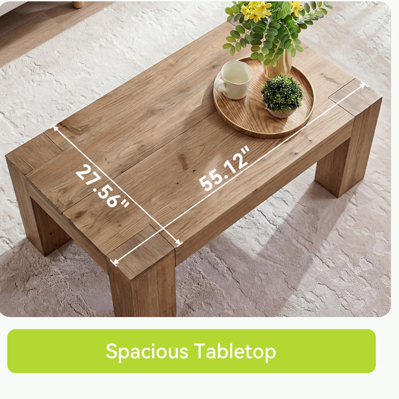 55" Large Solid Wood Coffee Table for Living Room, Farmhouse Center Table with Heavy-Duty Legs