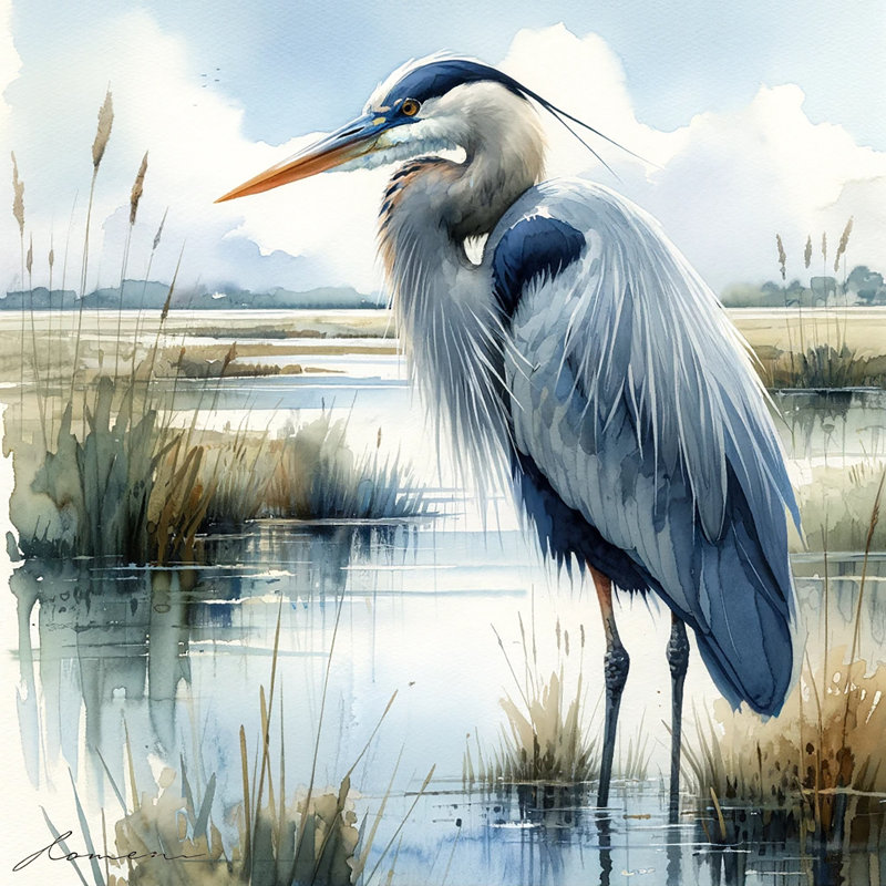 " Tranquil Marshlands - Heron ", 20" H x 20" W x 1.5" D
