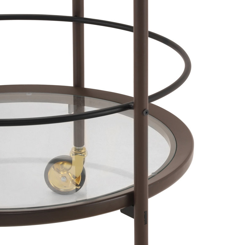 Chariot-bar rond brun moderne avec tablettes en verre trempé et roulettes verrouillables dorées