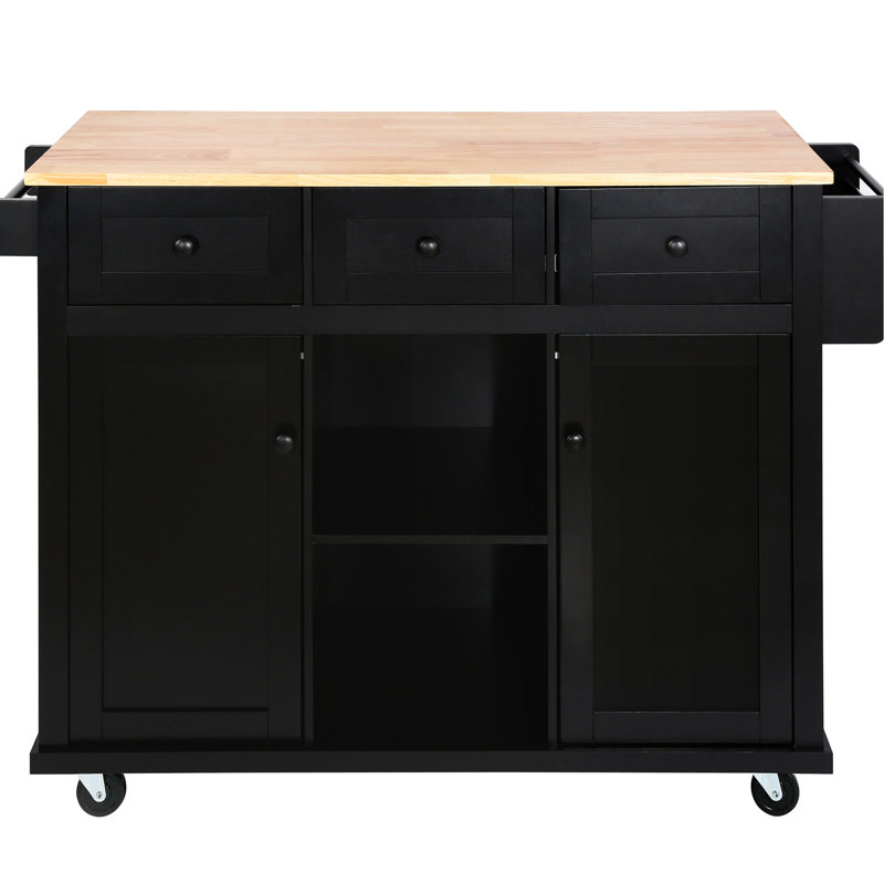 Kitchen Cart with wood Drop-Leaf Countertop,Cabinet door internal storage racks,Kitchen Island on 5 Wheels with Storage Cabinet and 3 Drawers for Dinning Room, Black