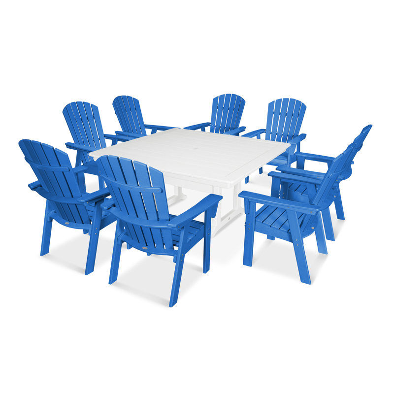 POLYWOOD Nautical Adirondack 9-Piece Trestle Dining Set, Pacific Blue/White, 9 Pieces: Table, 8 Chairs