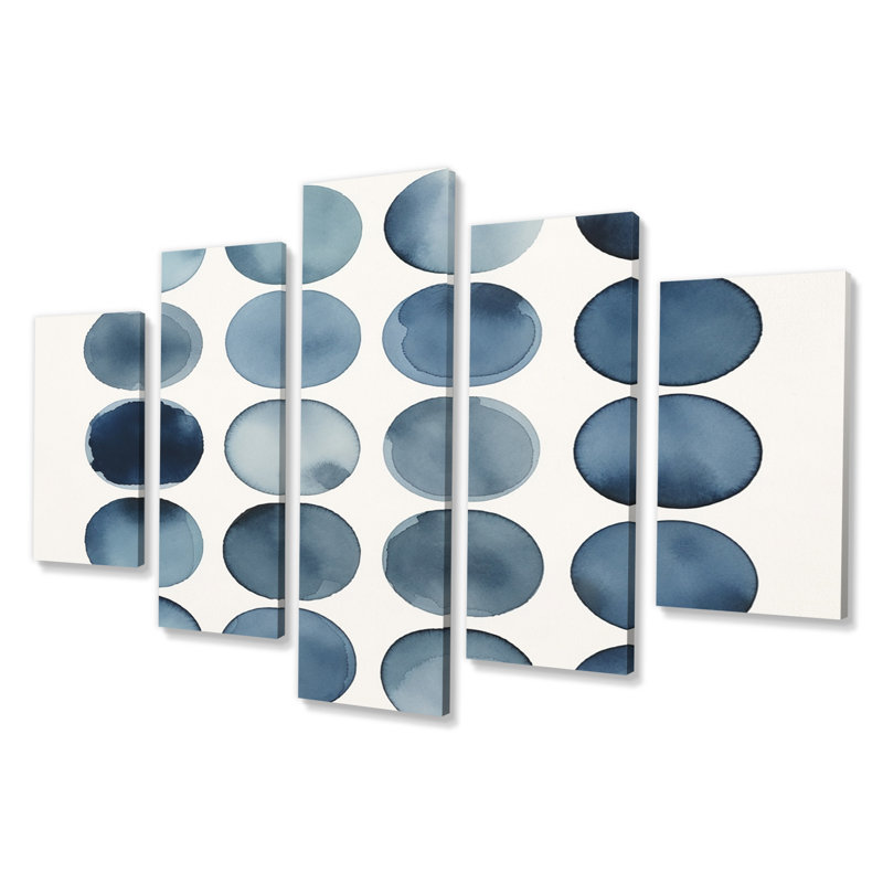  «Universal Grid Circular Watercolor Retro Blue VII - Impression sur toile géométrique moderne - 5 panneaux