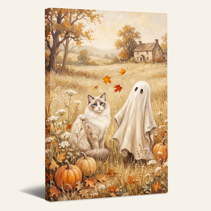«Fluffy Cat and Ghost in Autumn Pumpkin Patch», art mural sur toile, H 24 po x l 16 po