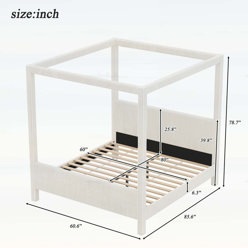 Grand lit plateforme à baldaquin avec tête et pied de lit en velours côtelé, mobilier de chambre élégant et confortable