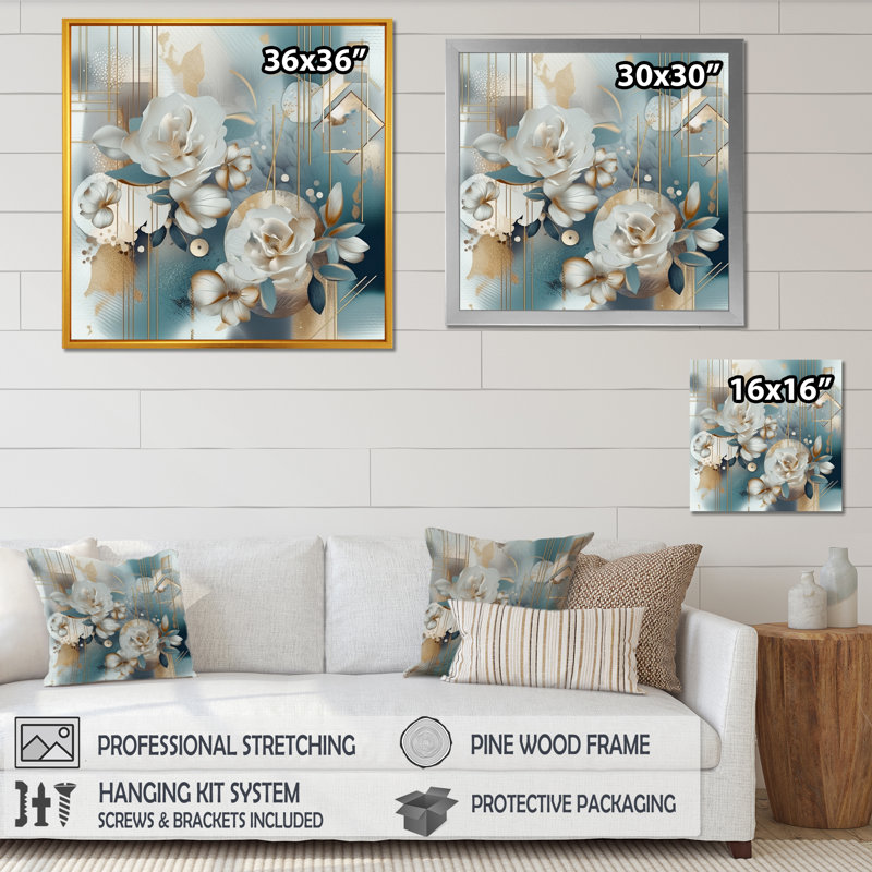 Marbre doré bleu, motif floral IV - impression, H 36 po x l 36 po x P 1,5 po, Cadre photo noir