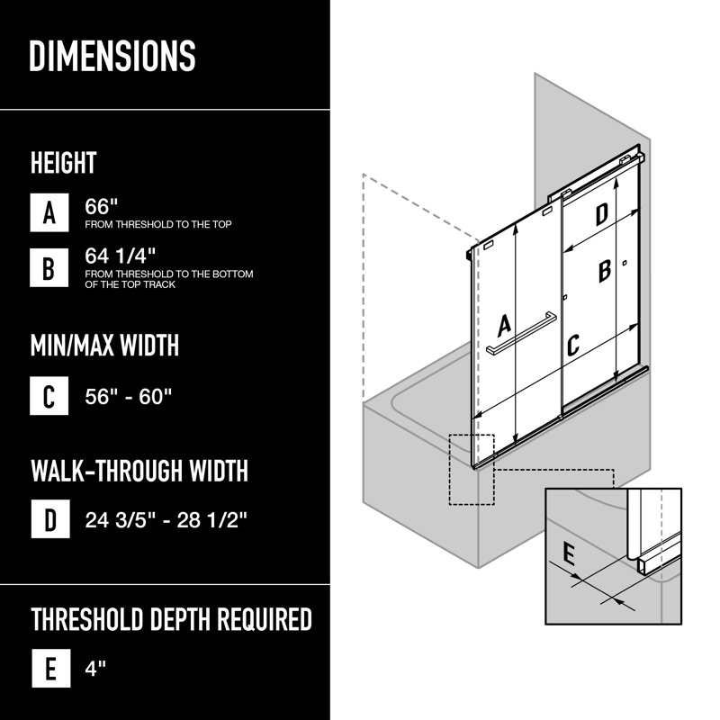 Houston 56-60" W x 66" H Double Sliding Frameless Tub Door with 3/8" Clear Glass, Matte Black