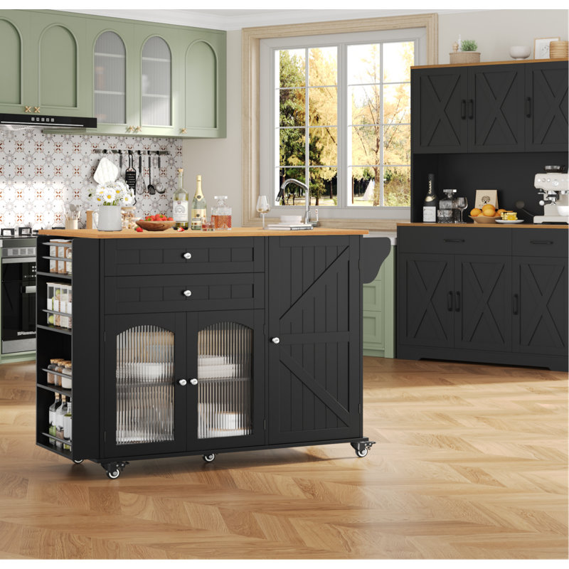 47.2"W Wooden Kitchen Island with 2 Drawers & Lockable Casters, Black