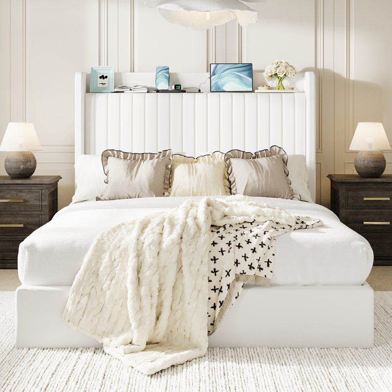 Hydraulic Lift Up Storage Upholstered Platform Wingback Bed With Shelves And Charging Station, White, Queen