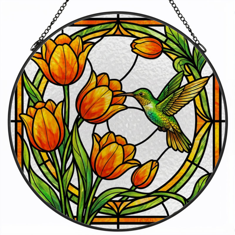 Vitrail de vitrail de 7,8 po avec colibri et tulipe