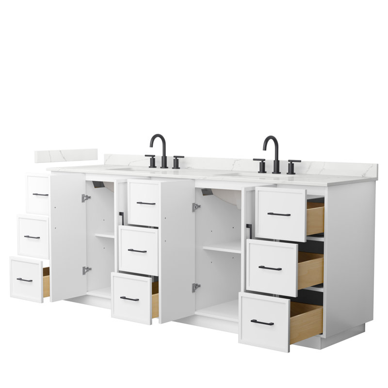 Elan TK 84" Freestanding Double Bathroom Vanity with Quartz Top, Giotto Quartz, White, Matte Black