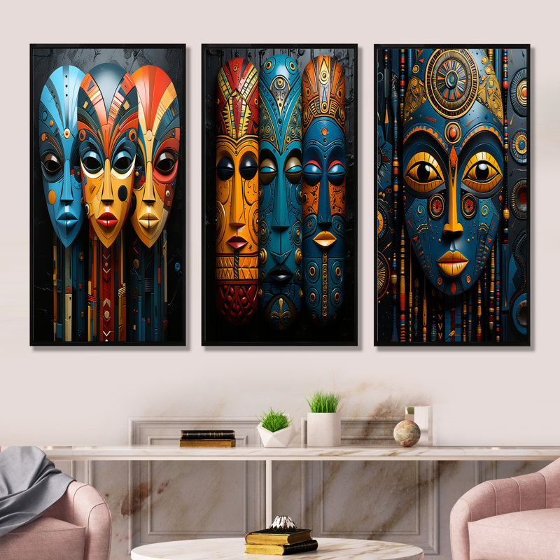 African Mystique Tribes Masks, H 28 po x l 36 po, Cadre flottant noir