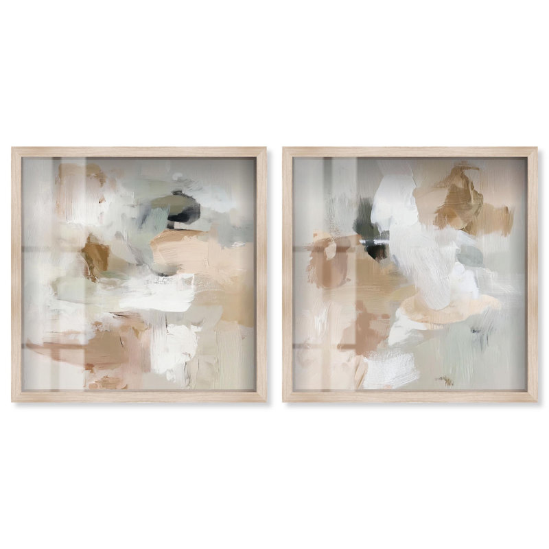 Blended Forms Duo Shadowbox Print Neutral Wall Decor Set by Art Remedy, Black Frame, 12 x 12, 41" H x 41" W, Blonde Frame