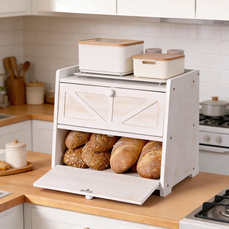 Boîte à pain à double couche en bambou avec loquet magnétique, contenant de grande capacité pour le comptoir de cuisine pour l'organisation du pain, des fruits et du garde-manger
