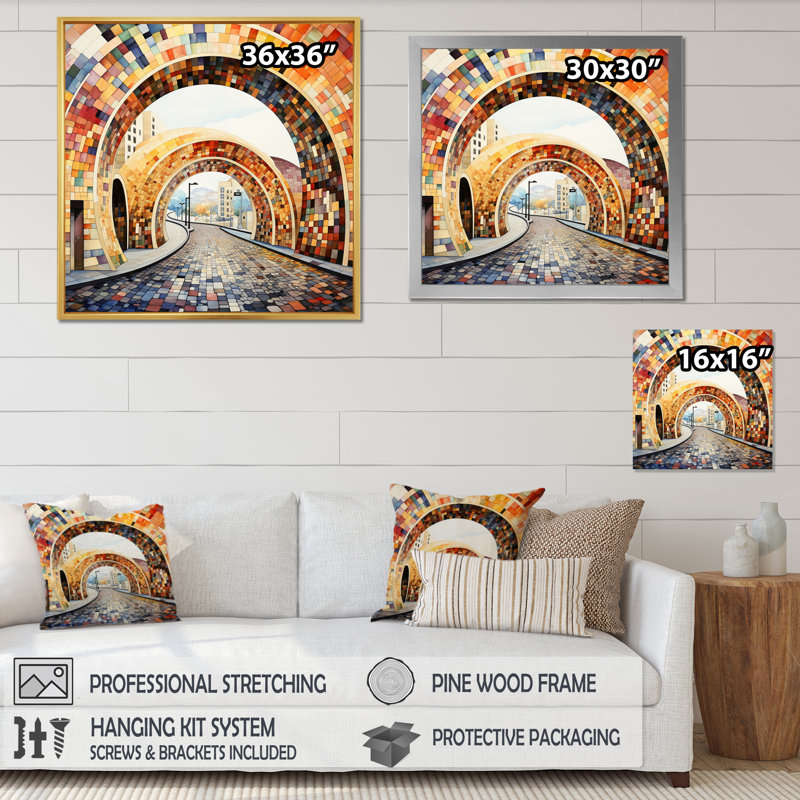 «Orange Bridge Dynamic Archway Pointillism III», reproduction sur toile, Cadre simple noir, H 30 po x l 30 po x P 1 po