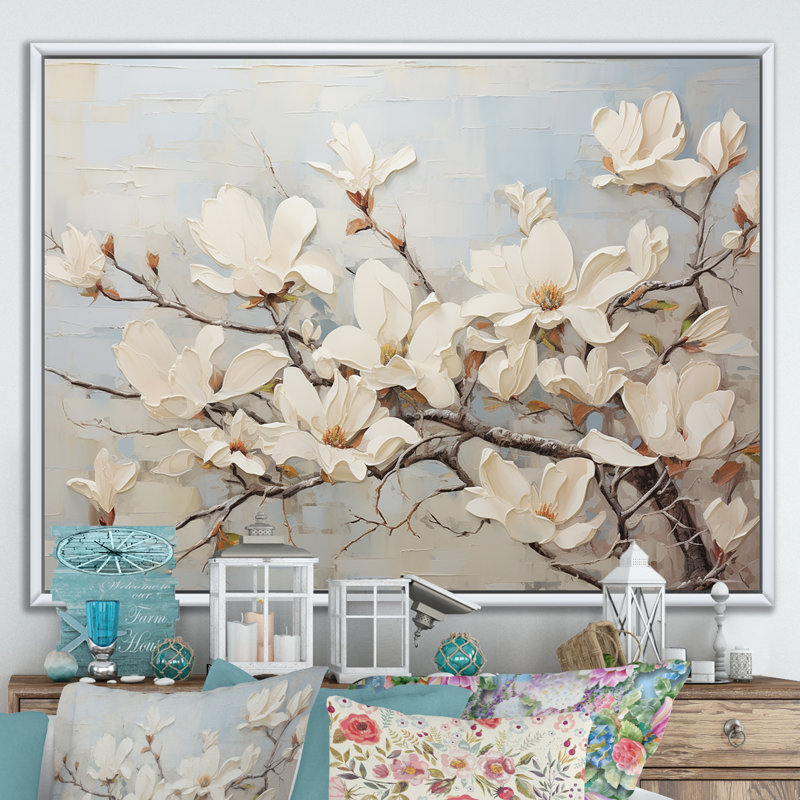 «Magnolias Beauty III», impression sur toile beige et vert, Cadre flottant blanc, H 34 po x l 44 po