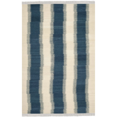 Tapis ivoire / bleu en laine tissé à la main et à plat Fitzpatrick