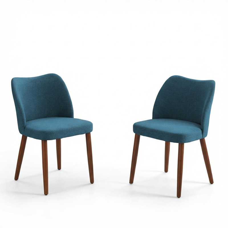 Upholstered Dining Chairs Set of 2, Modern Linen Kitchen Chairs with Cushioned Seat and Wood Legs, Blue