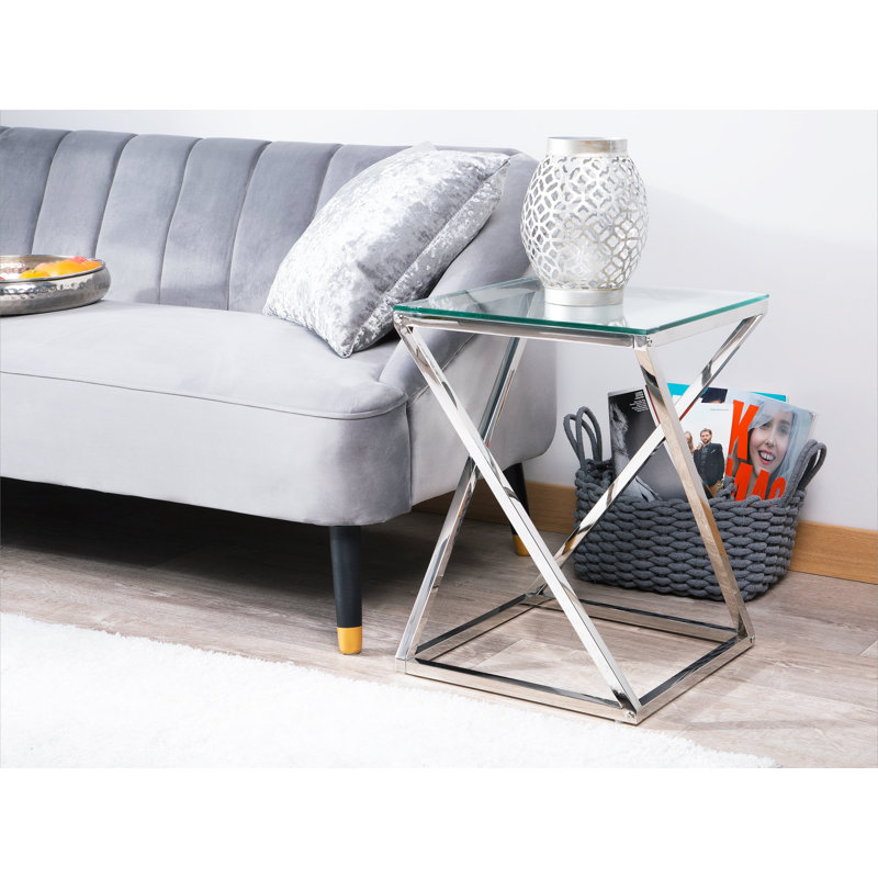 Salcombe Glass Top Cross Legs End Table, Silver