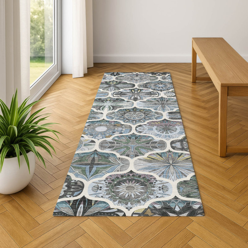 Premium Machine Washable Mayfield AMF2257 Panels Rug, Blue, 2'3" x 7'6" Runner