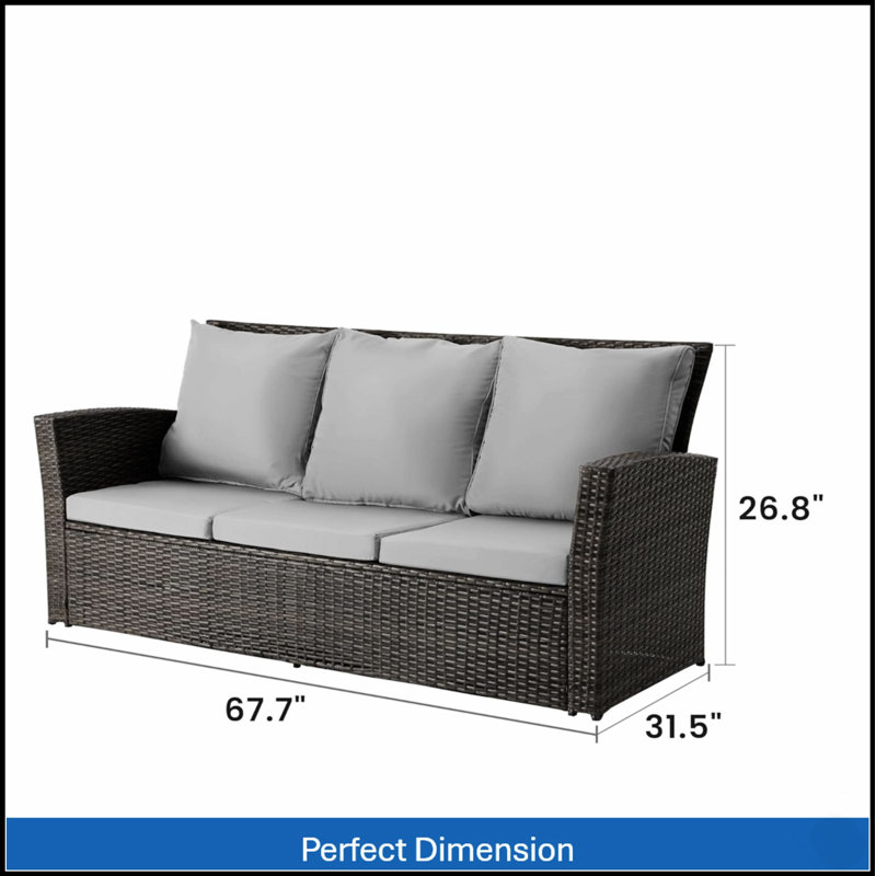 67.7-Inch All-Weather Wicker 3-Seat Patio Sofa With Waterproof PE Wicker And High-Density Foam Cushions, Brown, Gray