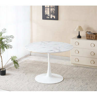 Table tulipe de 42,1 po en marbre blanc, table de salle à manger de style Mid-Century pour 4 à 6 personnes - plateau de table rond en panneau de fibres à densité moyenne (le plateau se compose de deux panneaux), table de salle à manger à piédestal, table de bout et table basse de loisir