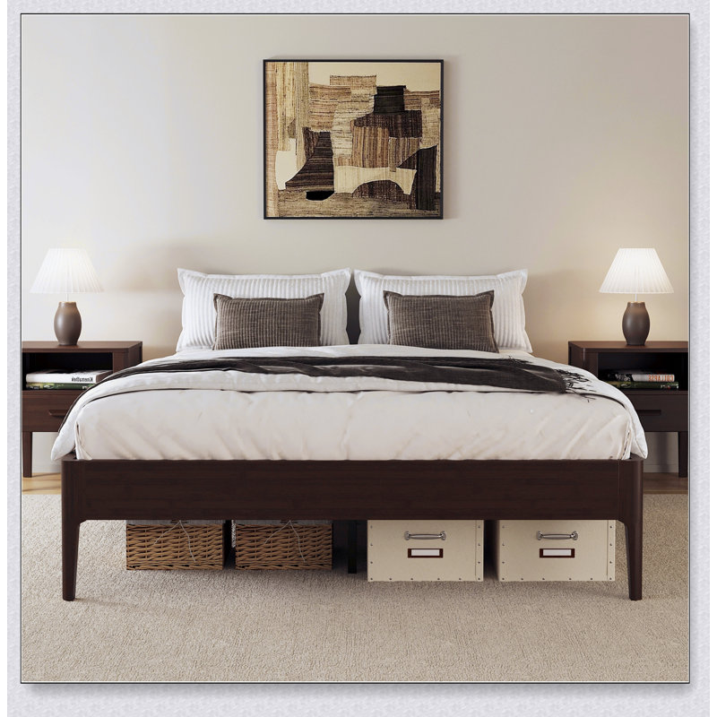 Structure de lit plateforme en rayonne de bambou massif de 15 po de hauteur, avec support en lattes de bois, style moderne et minimaliste, aucun sommier tapissier requis, assemblage facile