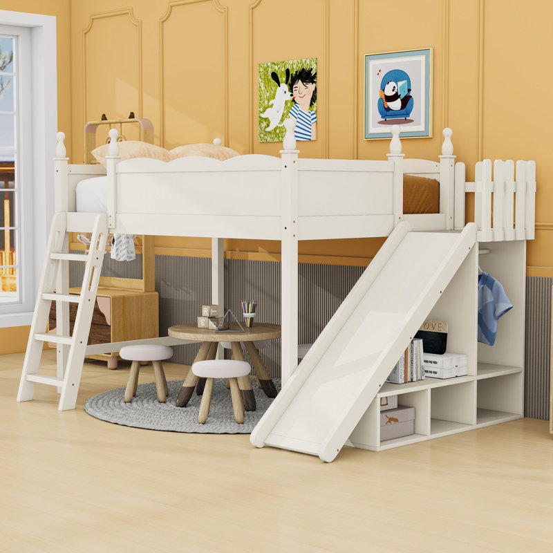Lit mezzanine avec tablettes de rangement et échelle, glissade, Lit double, Beige