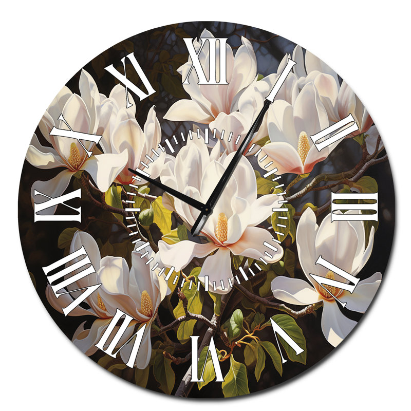 Horloge murale blanche blanche jaune Magnolias, Surdimensionné