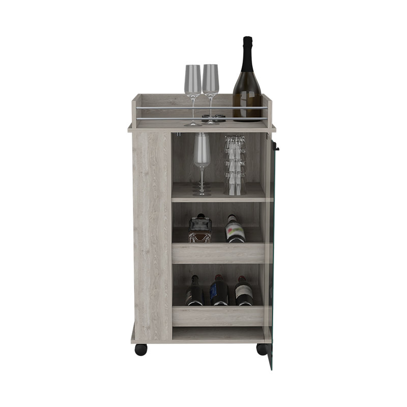 Chariot-bar avec tablettes à deux côtés Beaver, porte vitrée et surface supérieure, Gris clair, Panneau aggloméré