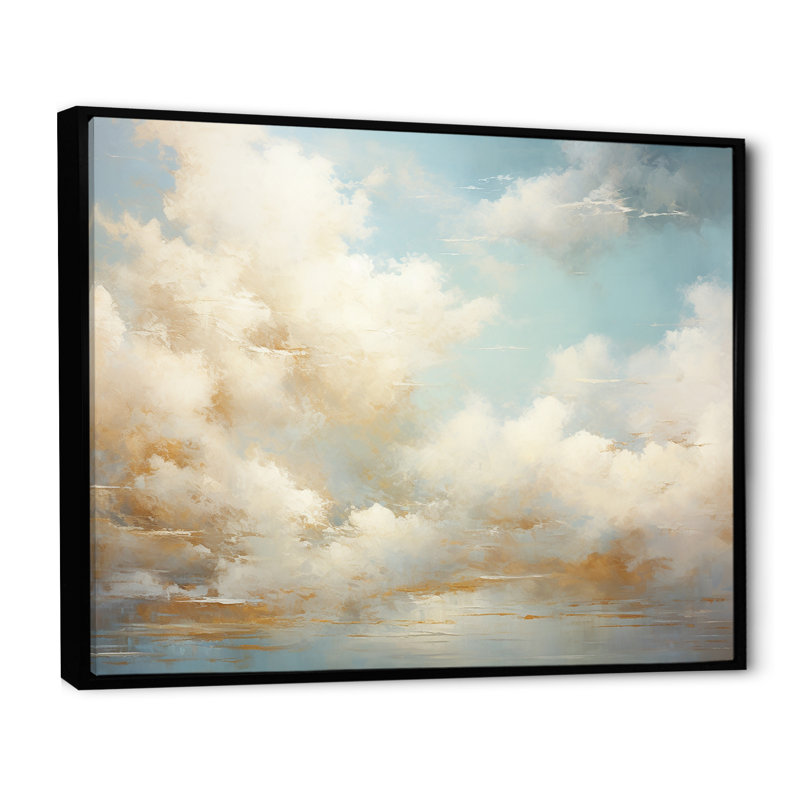 «Beige Gold Minimalisme Clouds I», reproduction sur toile, Cadre flottant noir, H 34 po x l 44 po x P 1,5 po
