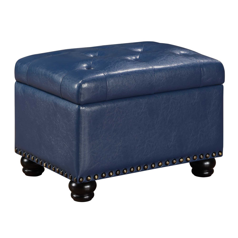 Frontenac 24" Wide Faux Leather Tufted Rectangle Storage Ottoman, Blue Faux Leather