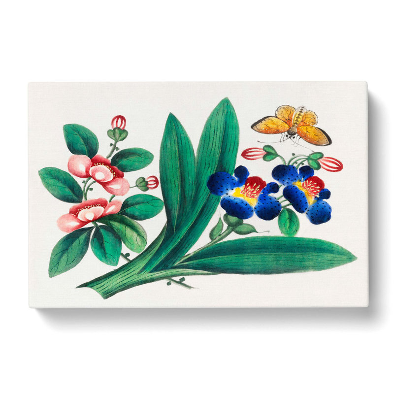 A Butterfly & Flowers - Wrapped Canvas Painting Print, 35cm H x 50cm W x 3cm D