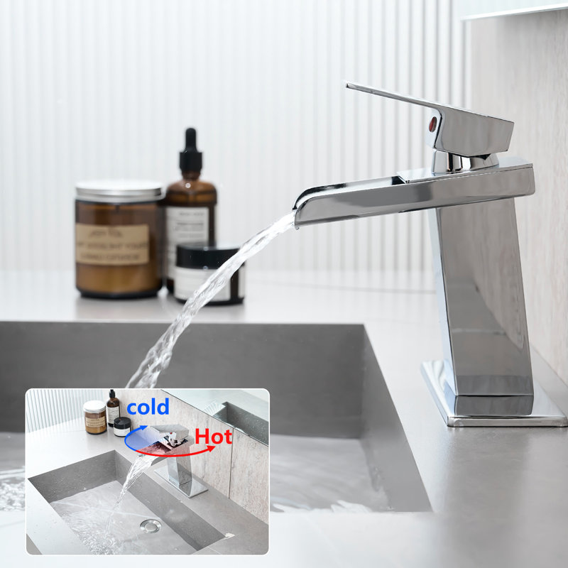 Contemporary Bathroom Sink Faucet, Waterfall, One Handle, Deck Mounted, Rust- Fixture Modern Waterfall Plate, , Single Hole, Ceramic Filler, Easy To Install