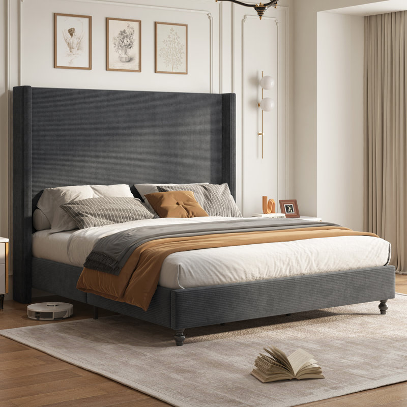 Crofford Queen Size Modern Corduroy Upholstered Bed with 63'' Tall Headboard & Solid Wood Legs, Black, Black, Queen