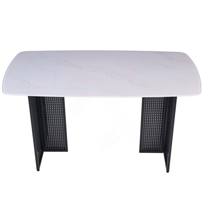 Modern-Style Rectangular Tempered Glass Dining Table for 6, Featuring a Marble-Patterned Design with black Hollow-Out Metal Legs, an Ideal Dining Tabl
