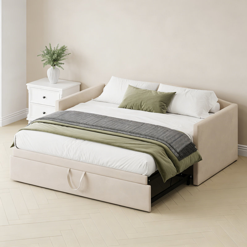 Space-Saving Twin Size Upholstered Daybed with Extended Pop-Up Trundle, Twin-to-King Convertible Sofa Bed for Guest Room