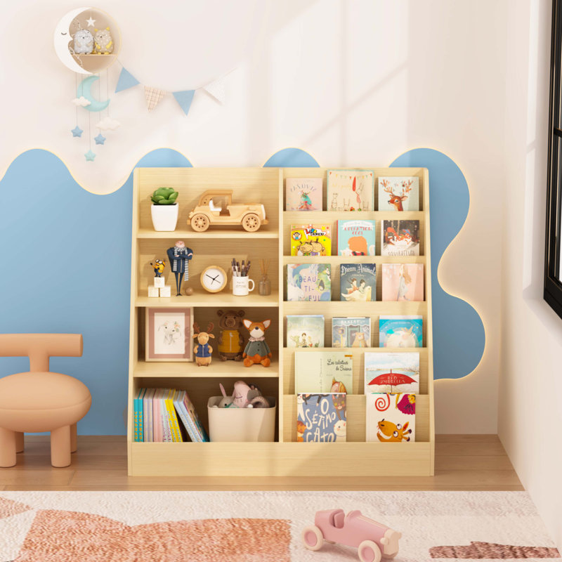 Kids Bookshelf And Toy Storage Organizer, Multifunctional 4 Tier Wooden Shelf With Display Stand For Playroom And Nursery