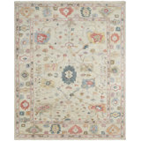 Galena Hand Knotted Wool Oriental Area Rug in Cream; Blue; Vintage Linen; Rose