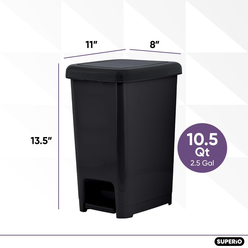 Petite poubelle avec pédale Superio Slim de 2,5 gallons avec couvercle, petite poubelle en plastique pour salle de bain, cuisine, bureau, sous le bureau, chambre à coucher, dortoir - noir, 3