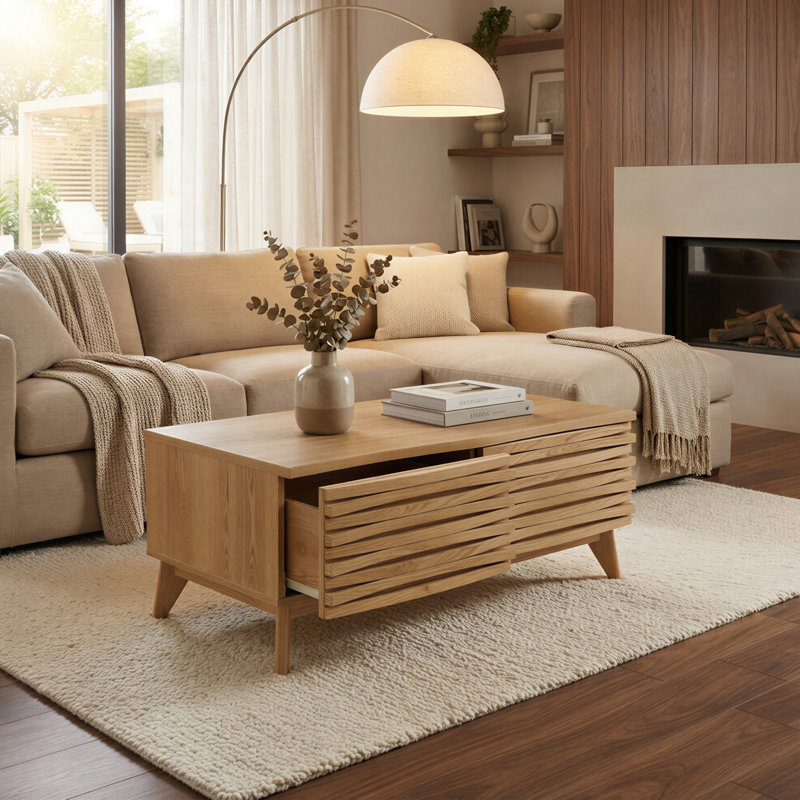 Table basse en chêne avec 2 lattes texturées et tablettes réglables Corrigan Studio Mamtha
