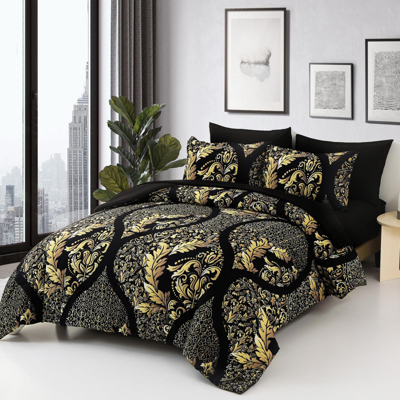 7 Pieces Bohemian Damask Comforter Set Soft Lightweight Microfiber All Season Bedding Set, Black/Gold Damask