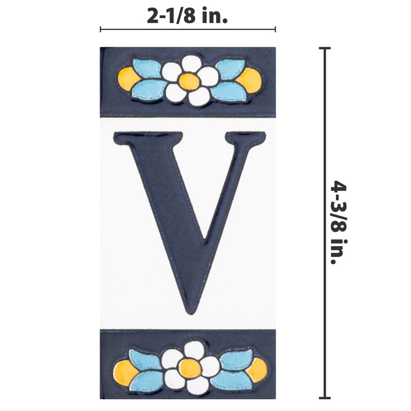Sevillano 2.13" x 4.38" Ceramic Floral Address Letter Wall Tile in White/Blue