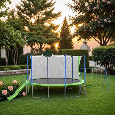 14FT Trampoline With Slide And Swings, Large Recreational Trampoline With Basketball Hoop And Ladder, Outdoor Backyard Trampoline With Net For Kids And Adults