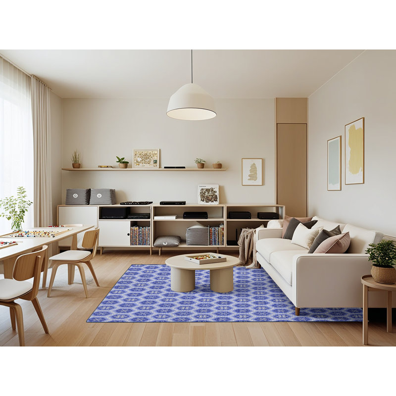 Bleu géométrique Tapis décoratif, Rectangle 7 pi x 9 pi